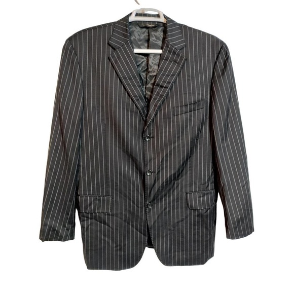 Pronto Mondo  black pin stripe 100% Merino Wool blazer suit coat men 46L - Picture 1 of 7